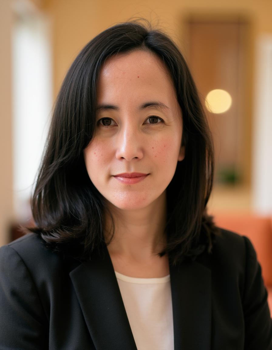 Ligaya Beebe, a woman with shoulder-length dark hair, in a black blazer over a cream top, smiling slightly in a warmly lit room